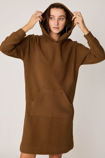 KNITTED DRESS WITH HOODED FRONT POCKET