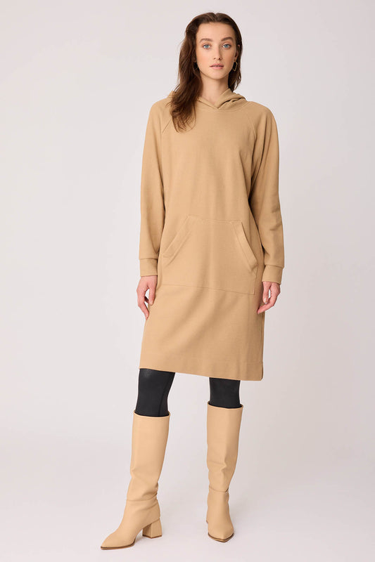 KNITTED DRESS WITH HOODED FRONT POCKET