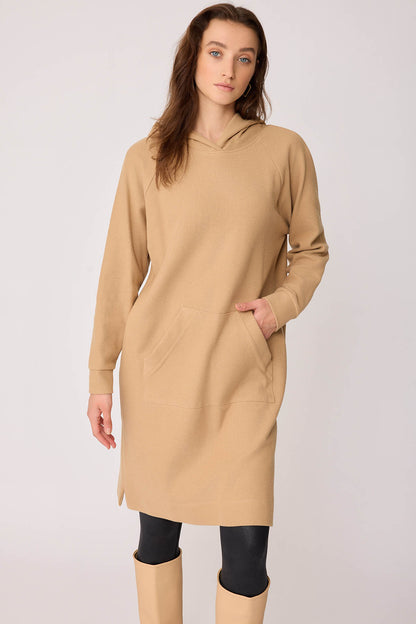 KNITTED DRESS WITH HOODED FRONT POCKET