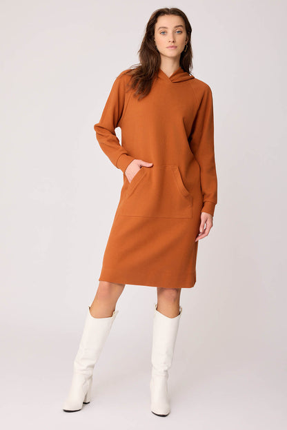 KNITTED DRESS WITH HOODED FRONT POCKET