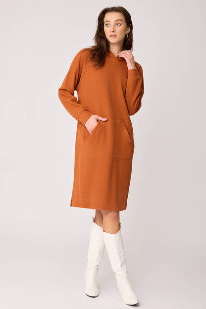 KNITTED DRESS WITH HOODED FRONT POCKET