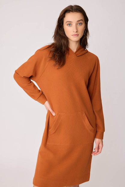 KNITTED DRESS WITH HOODED FRONT POCKET