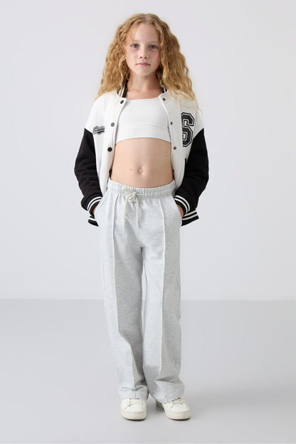 Ice Melange Striped No Sew Detailed Wide Leg Girls' Tracksuit Bottom -75144