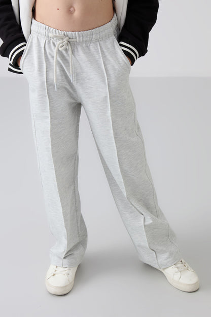 Ice Melange Striped No Sew Detailed Wide Leg Girls' Tracksuit Bottom -75144
