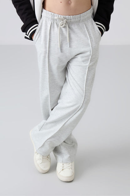 Ice Melange Striped No Sew Detailed Wide Leg Girls' Tracksuit Bottom -75144