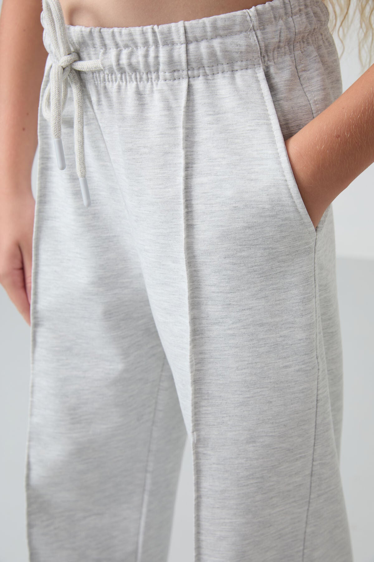 Ice Melange Striped No Sew Detailed Wide Leg Girls' Tracksuit Bottom -75144