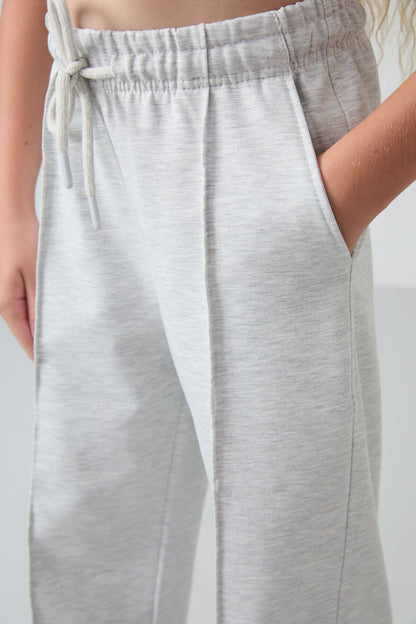 Ice Melange Striped No Sew Detailed Wide Leg Girls' Tracksuit Bottom -75144
