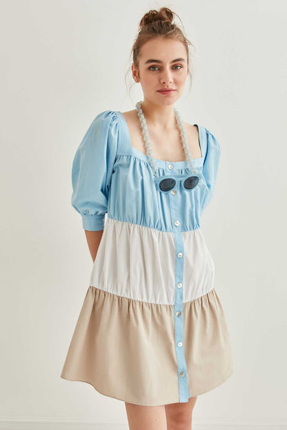 SQUARE COLLAR COLORBLOCK DRESS