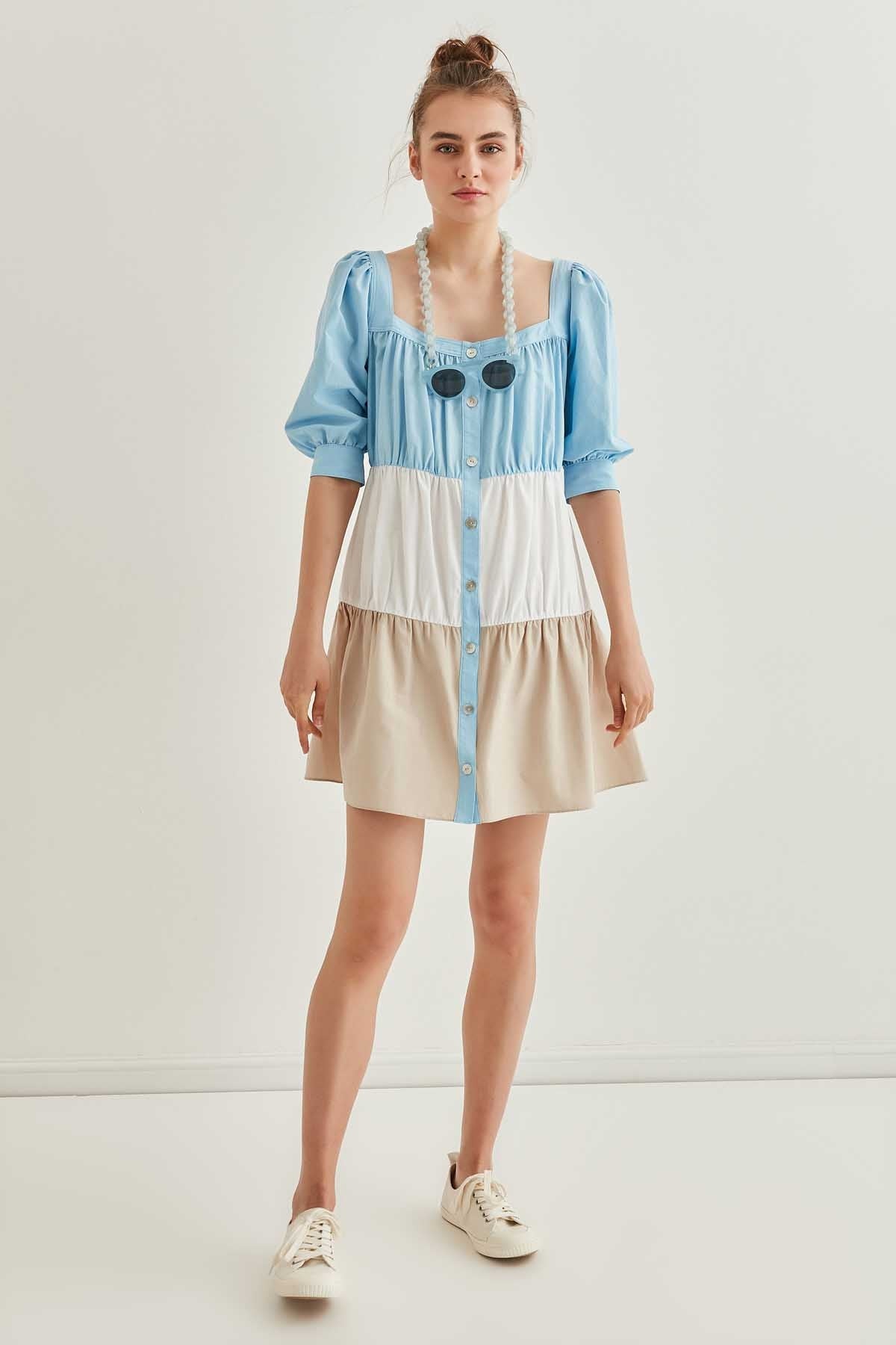 SQUARE COLLAR COLORBLOCK DRESS