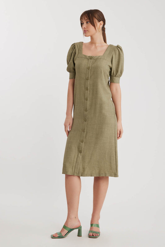 SHORT SLEEVE DRESS WITH SQUARE COLLAR FRONT BUTTON