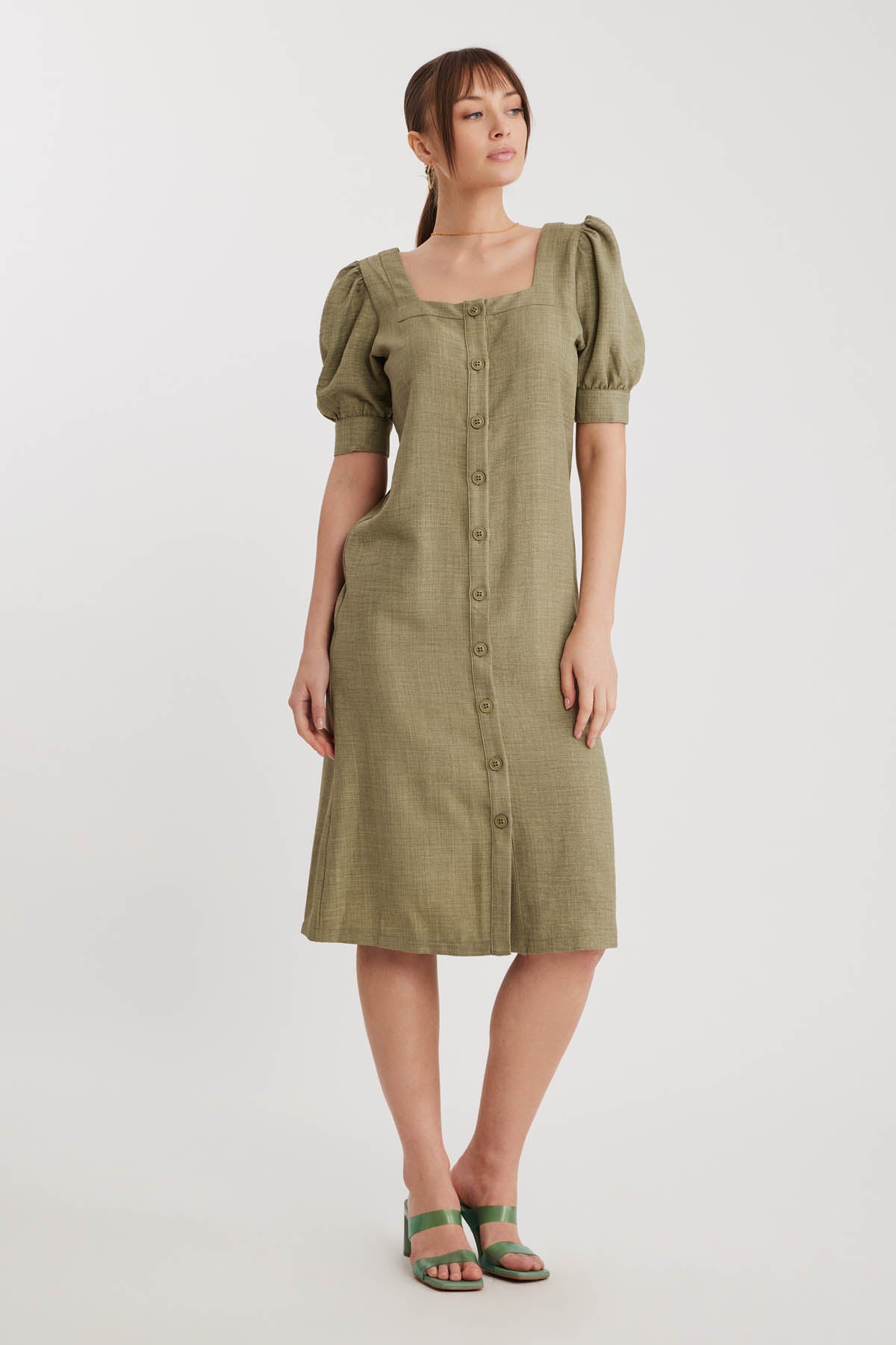 SHORT SLEEVE DRESS WITH SQUARE COLLAR FRONT BUTTON