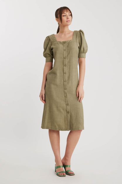 SHORT SLEEVE DRESS WITH SQUARE COLLAR FRONT BUTTON