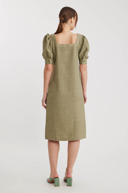 SHORT SLEEVE DRESS WITH SQUARE COLLAR FRONT BUTTON