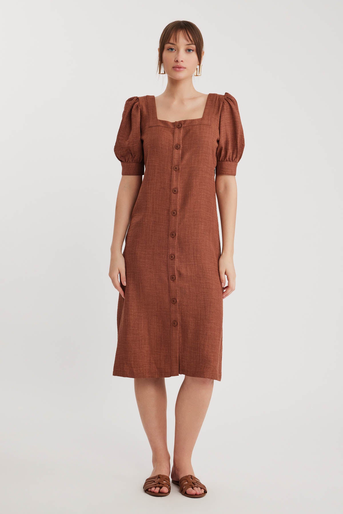 SHORT SLEEVE DRESS WITH SQUARE COLLAR FRONT BUTTON