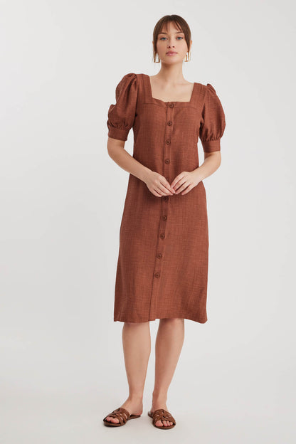 SHORT SLEEVE DRESS WITH SQUARE COLLAR FRONT BUTTON