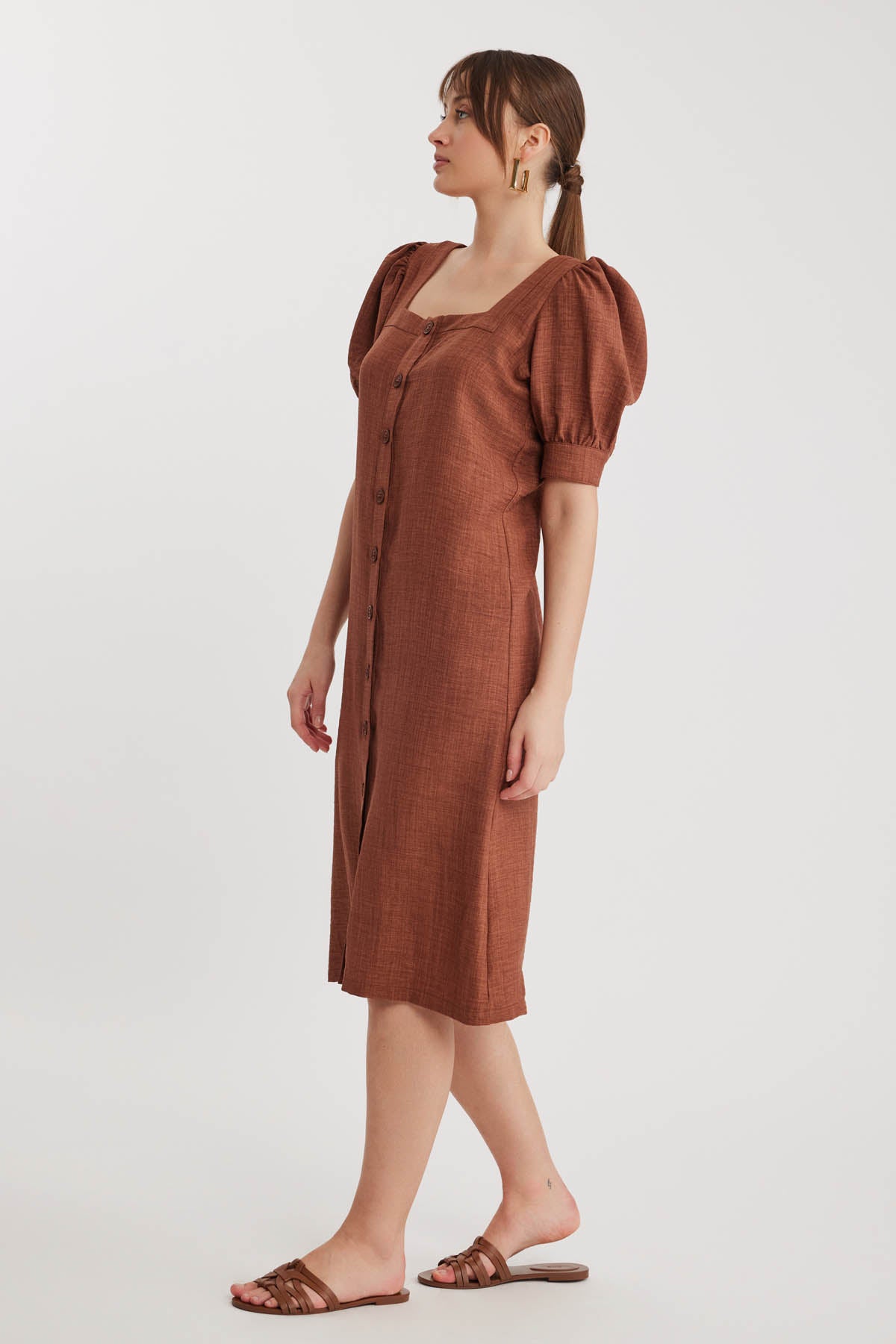 SHORT SLEEVE DRESS WITH SQUARE COLLAR FRONT BUTTON