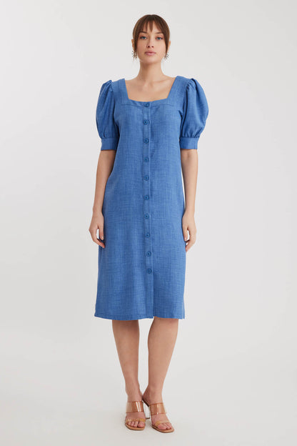 SHORT SLEEVE DRESS WITH SQUARE COLLAR FRONT BUTTON