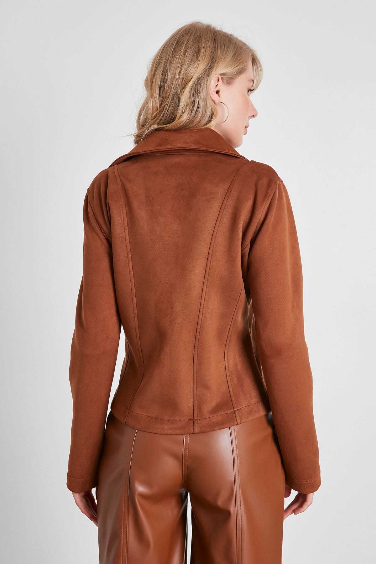 BUTTERFLY COLLAR ARTIFICIAL SUEDE BIKER JACKET
