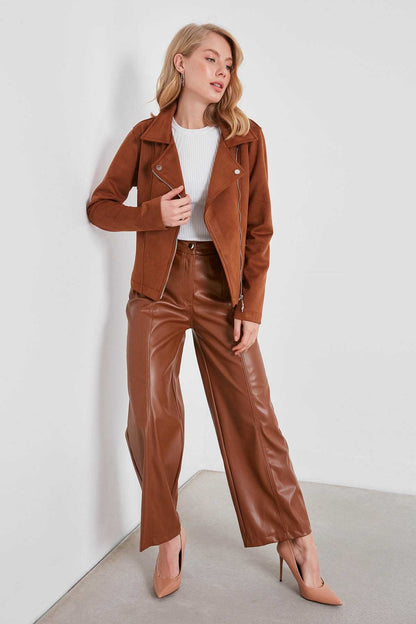 BUTTERFLY COLLAR ARTIFICIAL SUEDE BIKER JACKET