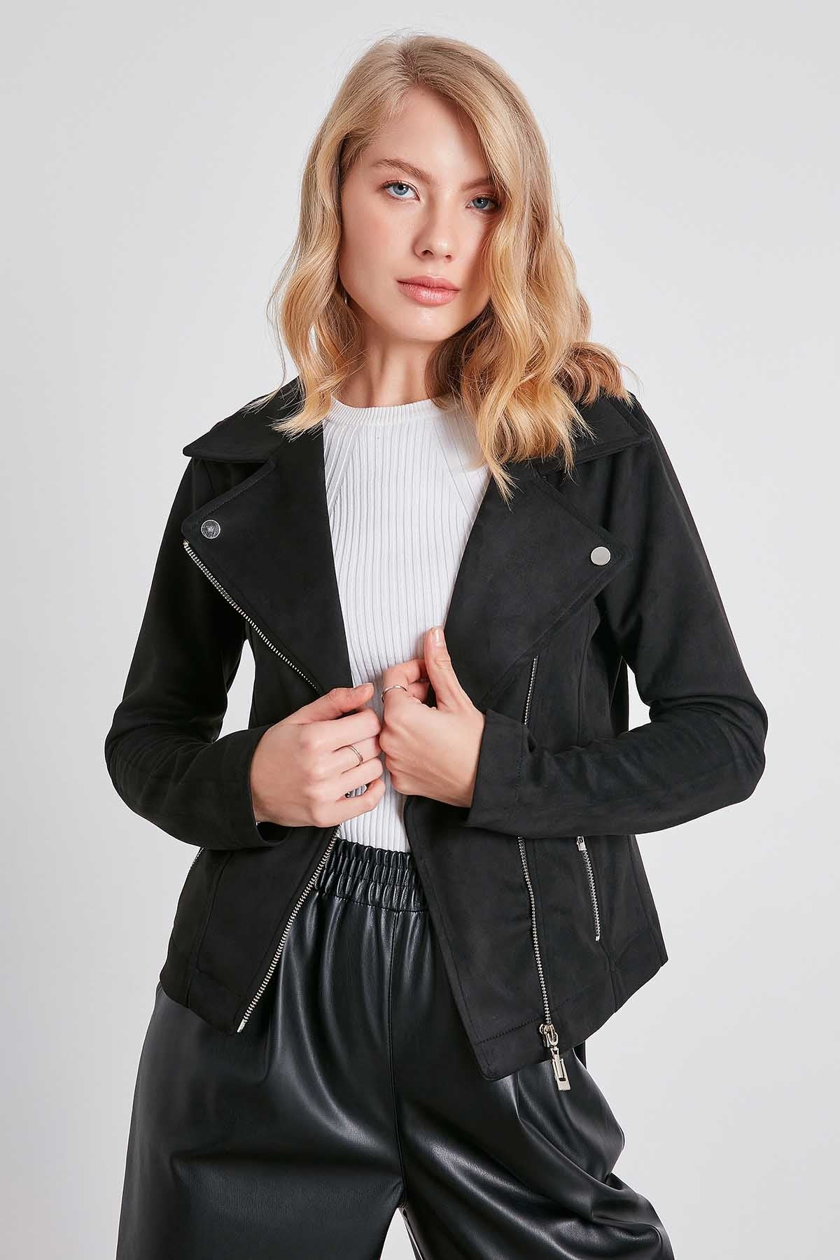 BUTTERFLY COLLAR ARTIFICIAL SUEDE BIKER JACKET