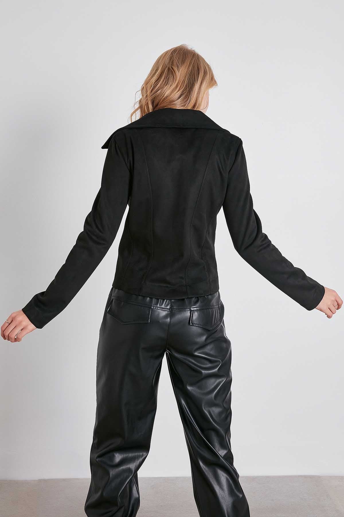 BUTTERFLY COLLAR ARTIFICIAL SUEDE BIKER JACKET