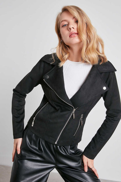 BUTTERFLY COLLAR ARTIFICIAL SUEDE BIKER JACKET