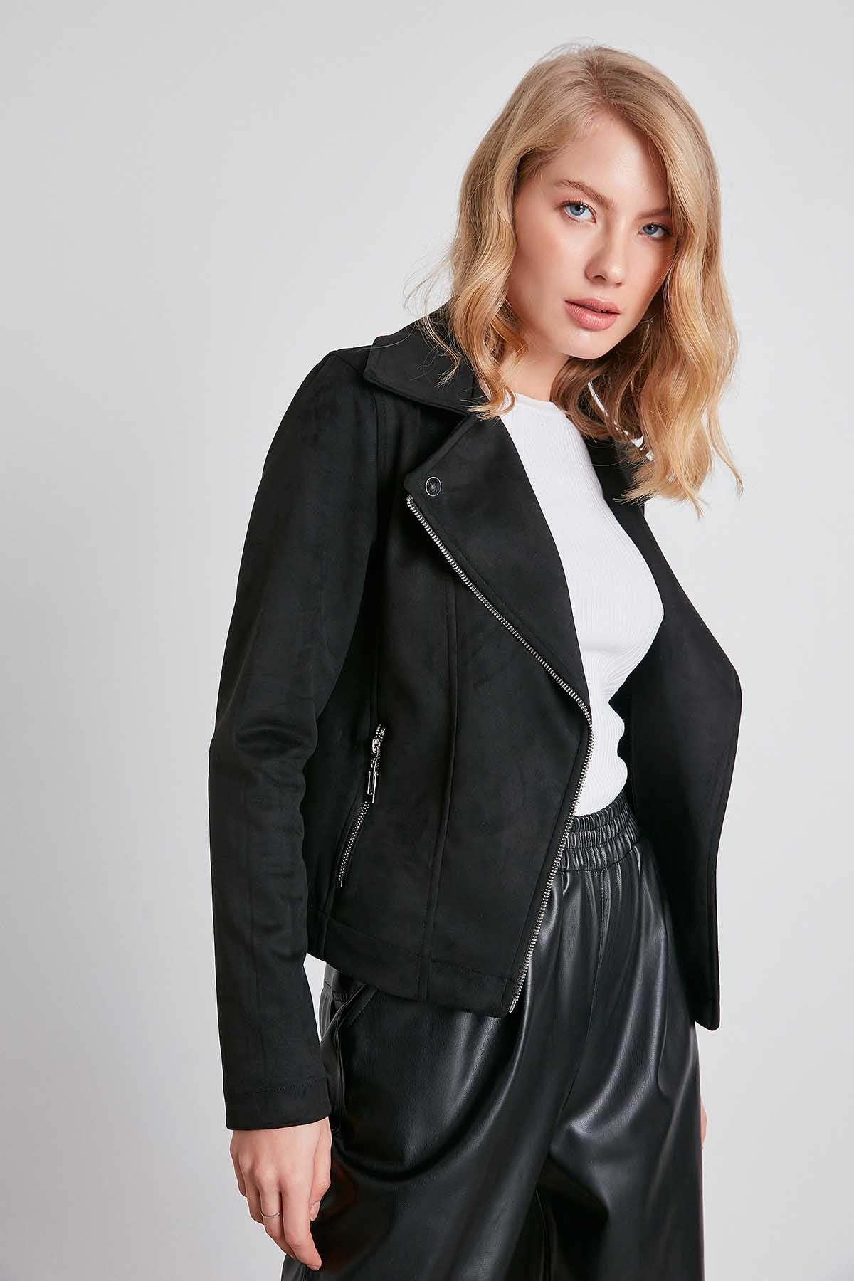 BUTTERFLY COLLAR ARTIFICIAL SUEDE BIKER JACKET