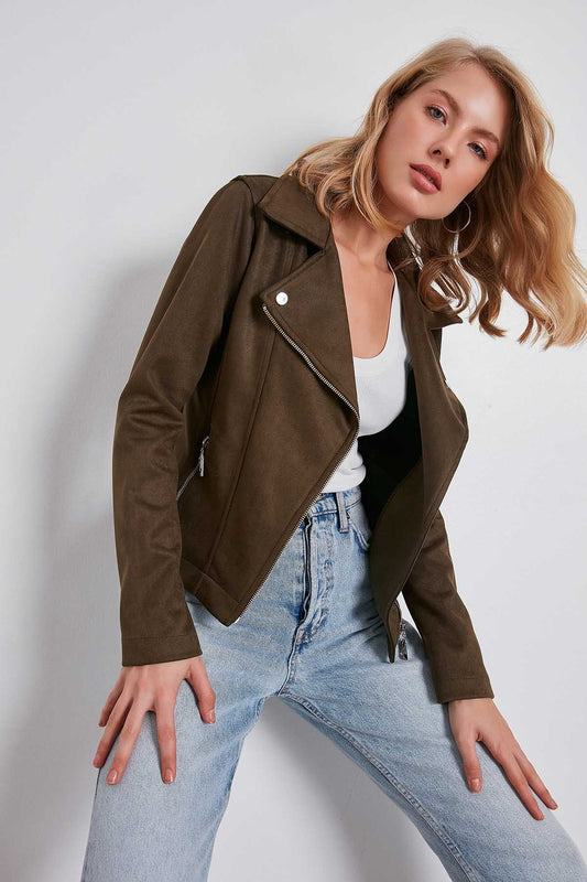 BUTTERFLY COLLAR ARTIFICIAL SUEDE BIKER JACKET