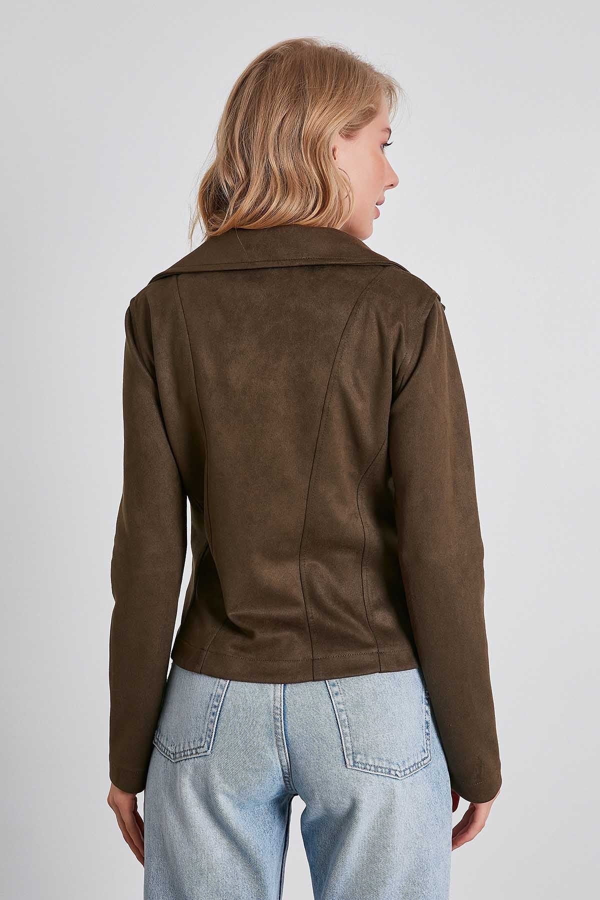 BUTTERFLY COLLAR ARTIFICIAL SUEDE BIKER JACKET