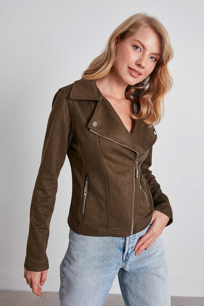 BUTTERFLY COLLAR ARTIFICIAL SUEDE BIKER JACKET