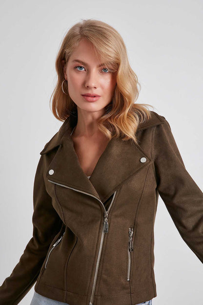 BUTTERFLY COLLAR ARTIFICIAL SUEDE BIKER JACKET