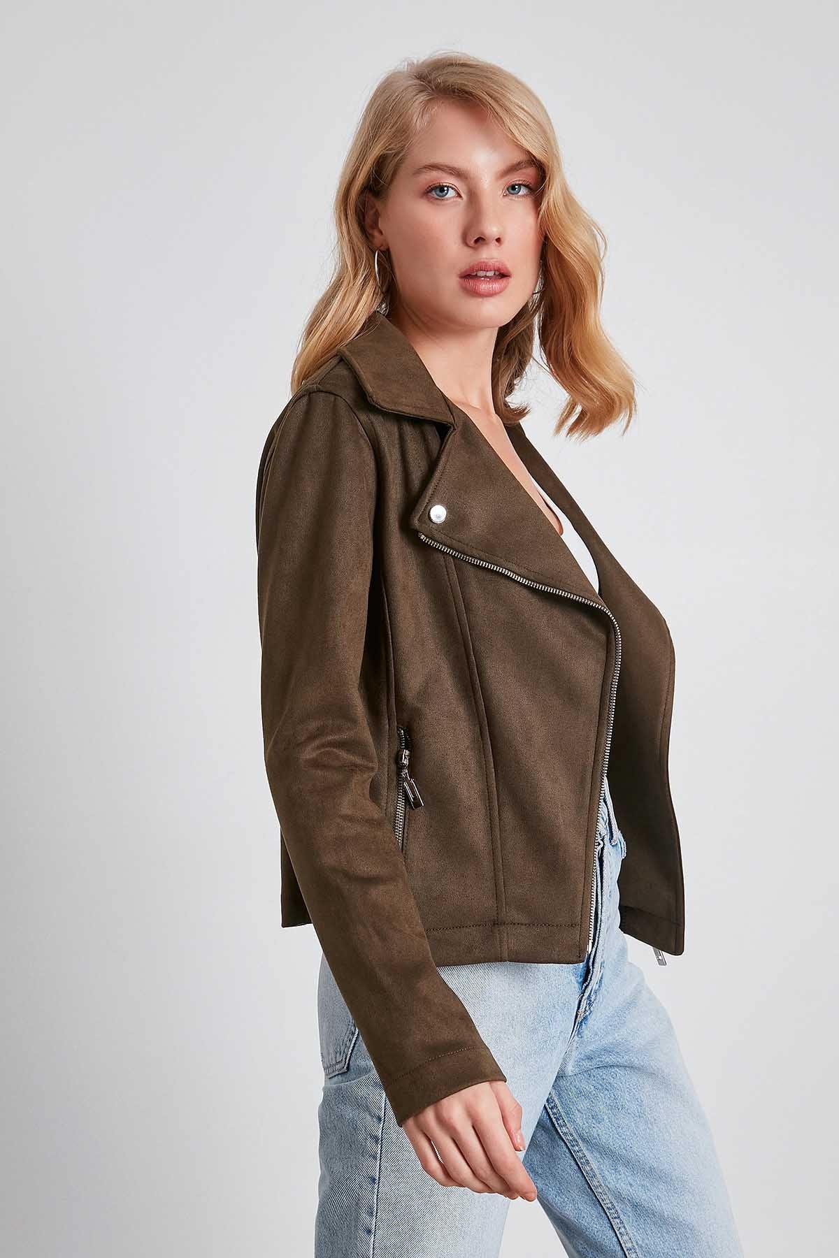 BUTTERFLY COLLAR ARTIFICIAL SUEDE BIKER JACKET