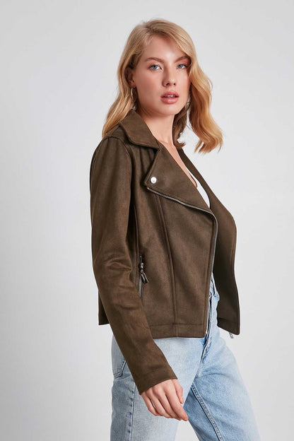 BUTTERFLY COLLAR ARTIFICIAL SUEDE BIKER JACKET