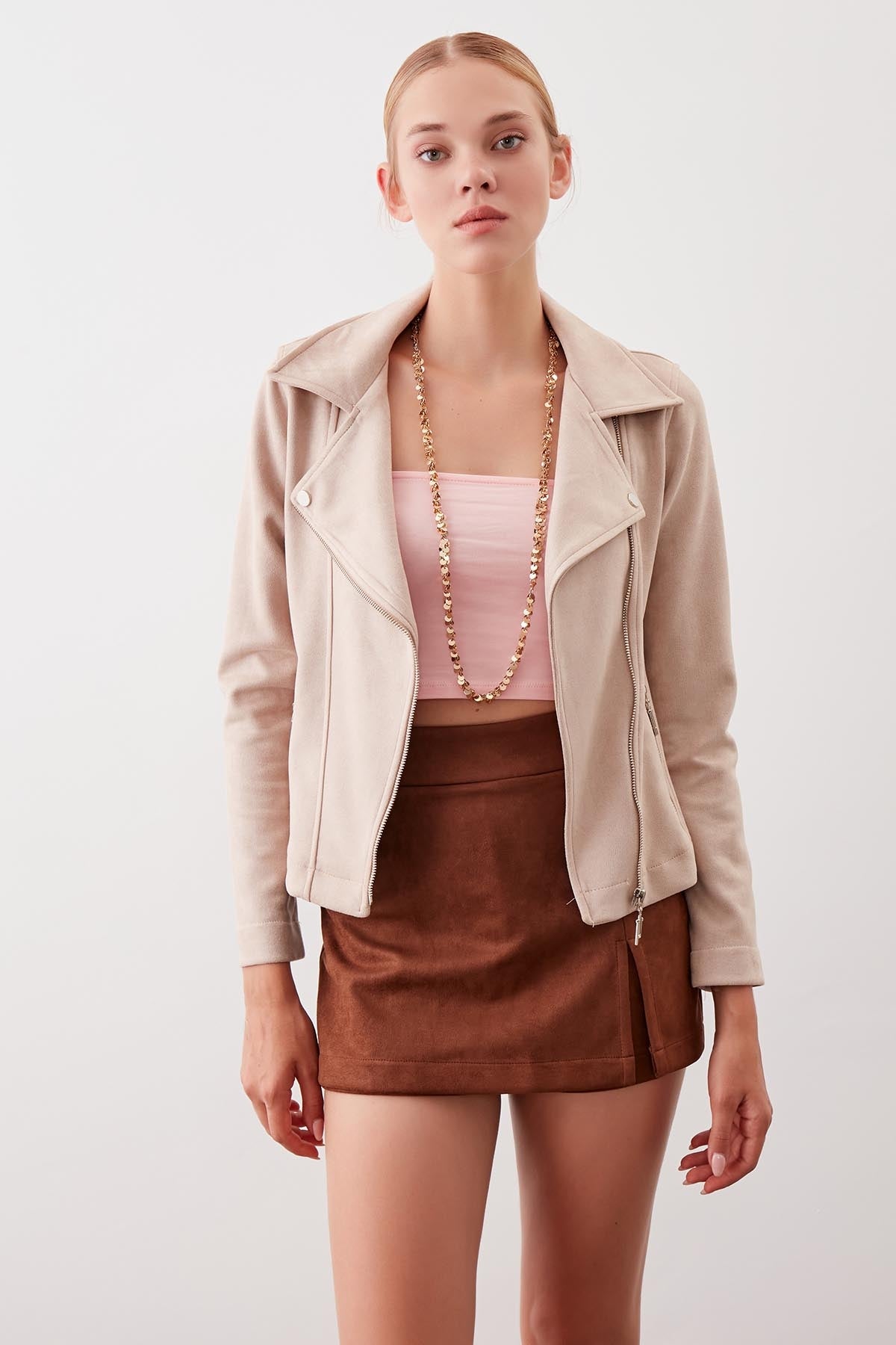 BUTTERFLY COLLAR ARTIFICIAL SUEDE BIKER JACKET