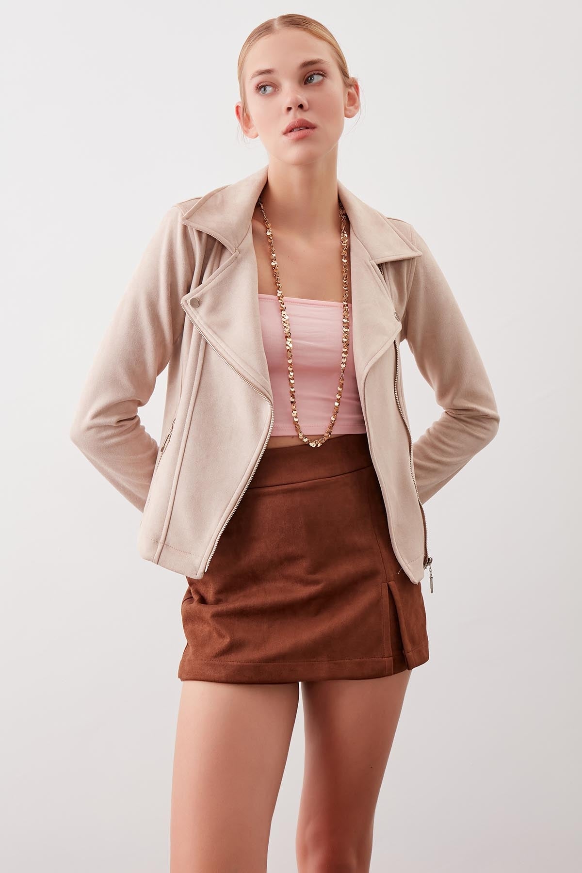 BUTTERFLY COLLAR ARTIFICIAL SUEDE BIKER JACKET
