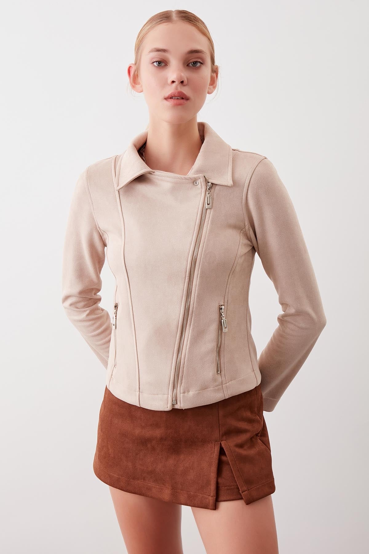 BUTTERFLY COLLAR ARTIFICIAL SUEDE BIKER JACKET
