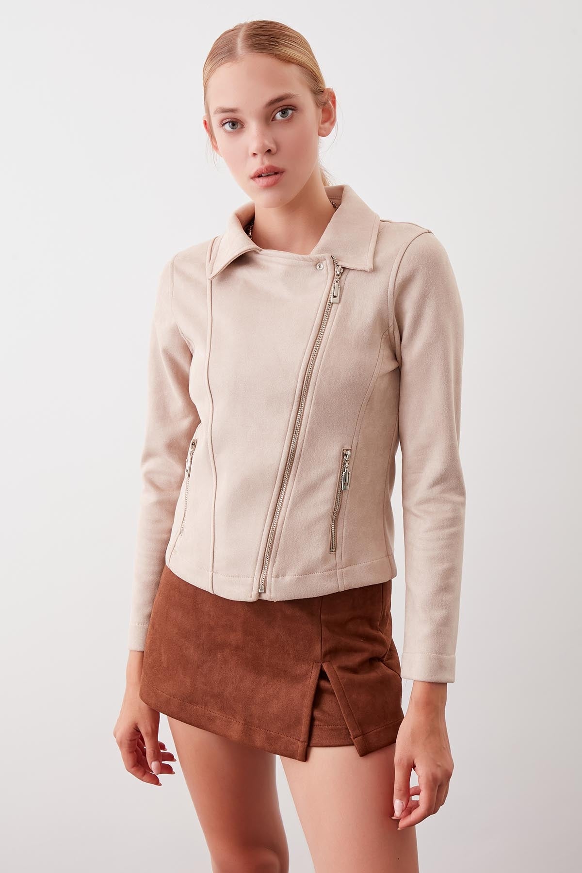 BUTTERFLY COLLAR ARTIFICIAL SUEDE BIKER JACKET