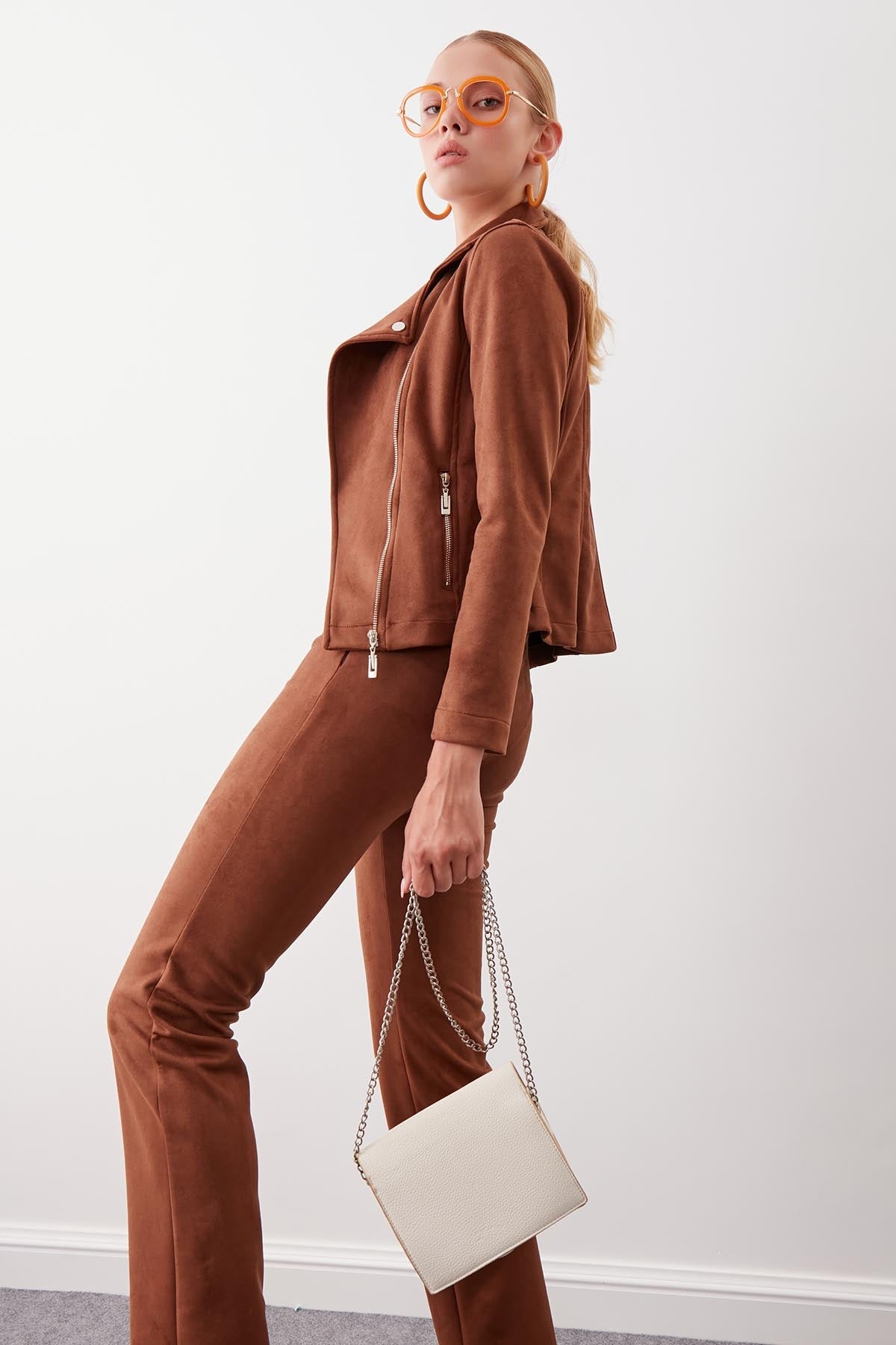 BUTTERFLY COLLAR ARTIFICIAL SUEDE BIKER JACKET