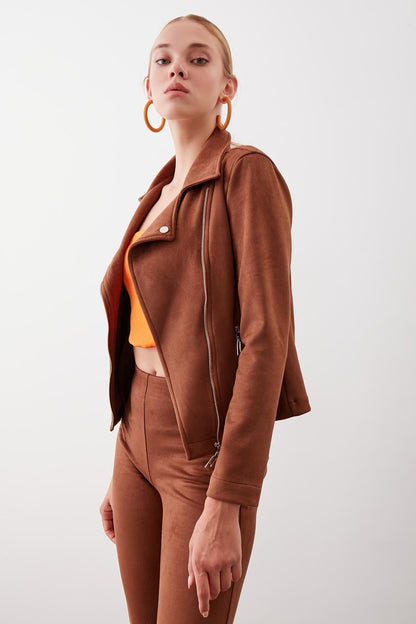BUTTERFLY COLLAR ARTIFICIAL SUEDE BIKER JACKET
