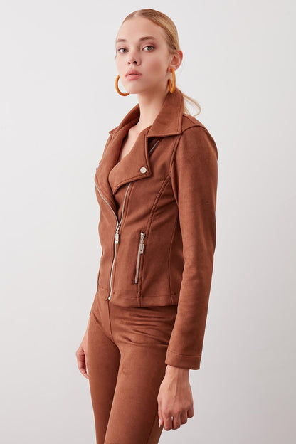 BUTTERFLY COLLAR ARTIFICIAL SUEDE BIKER JACKET