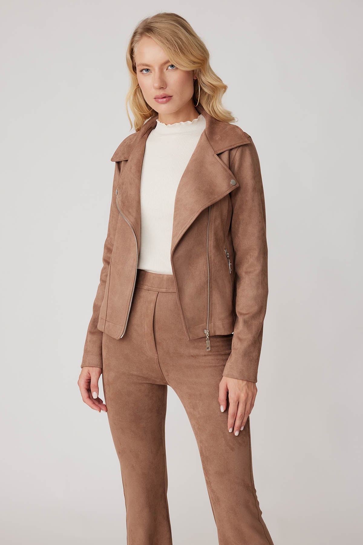 BUTTERFLY COLLAR ARTIFICIAL SUEDE BIKER JACKET