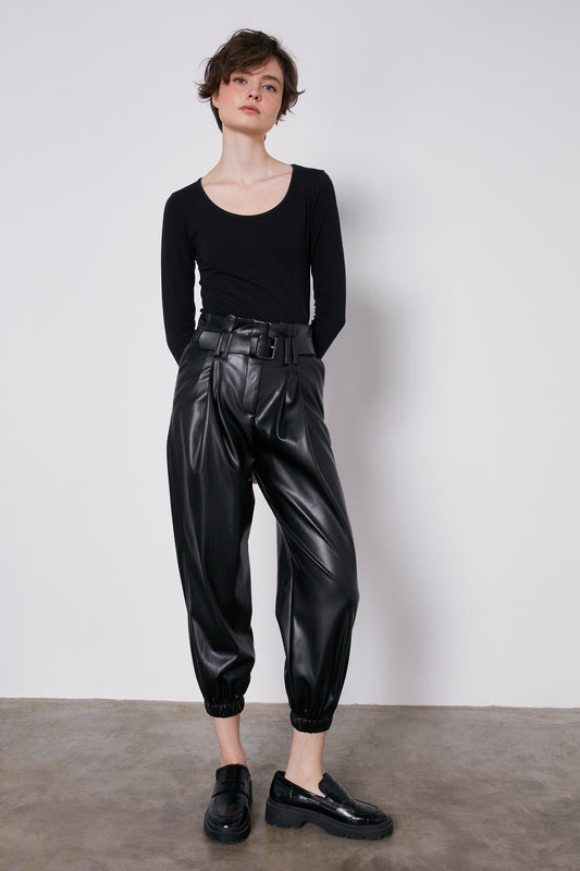 ARCHED BELT TRACK ELASTANE WAIST FAUX LEATHER TROUSERS