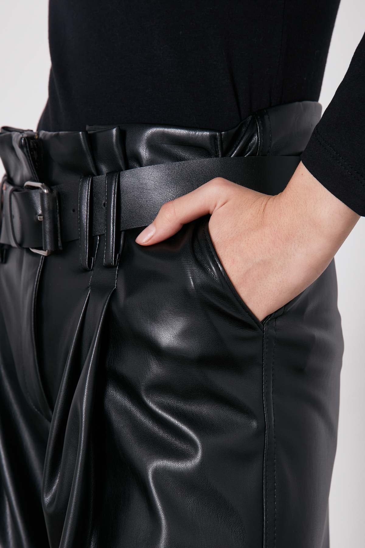 ARCHED BELT TRACK ELASTANE WAIST FAUX LEATHER TROUSERS