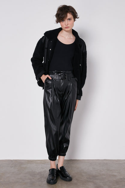 ARCHED BELT TRACK ELASTANE WAIST FAUX LEATHER TROUSERS
