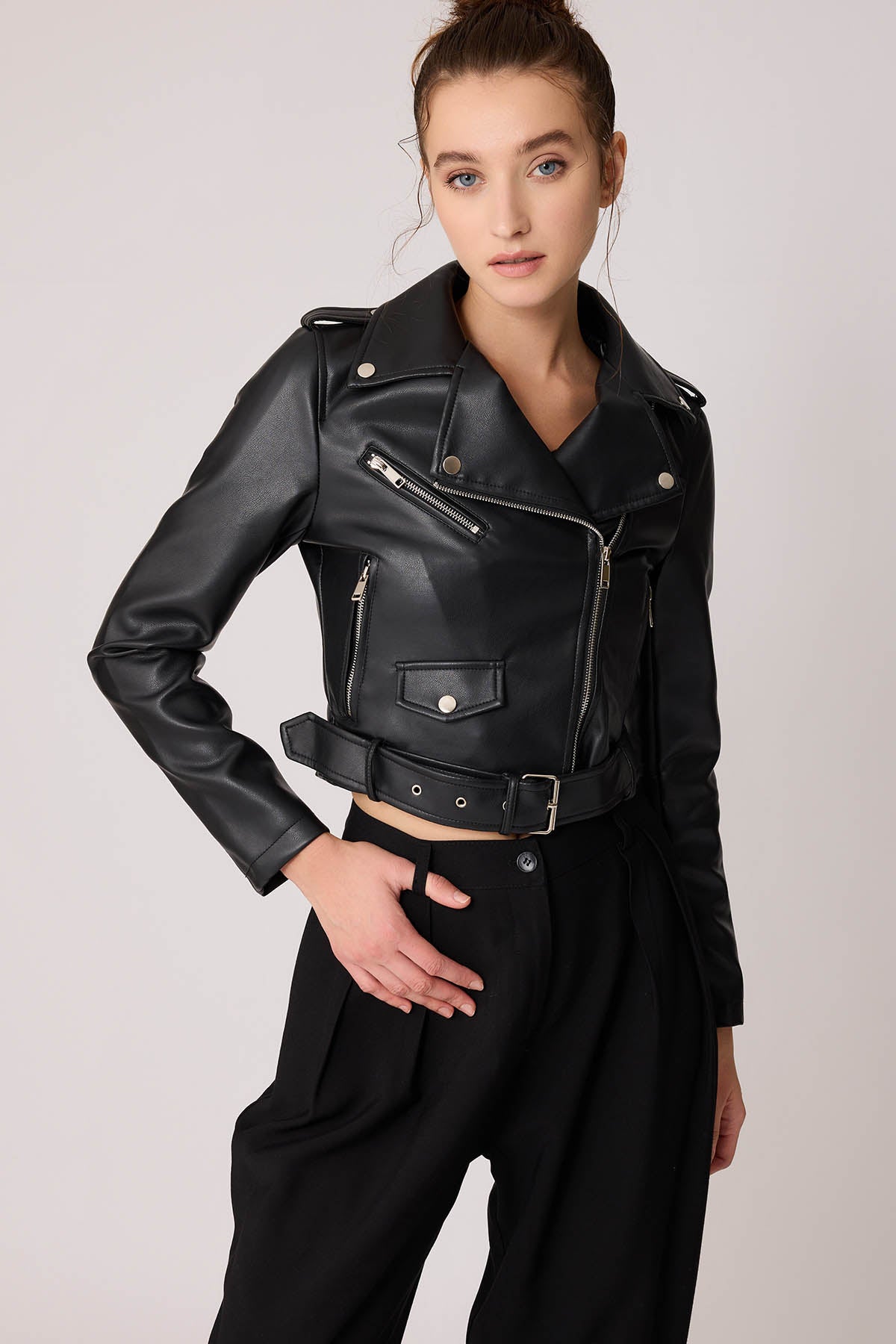 FAUX LEATHER BIKER JACKET WITH BELT