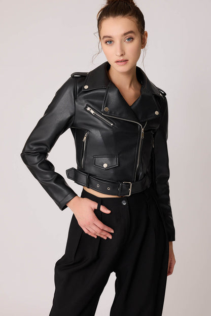 FAUX LEATHER BIKER JACKET WITH BELT