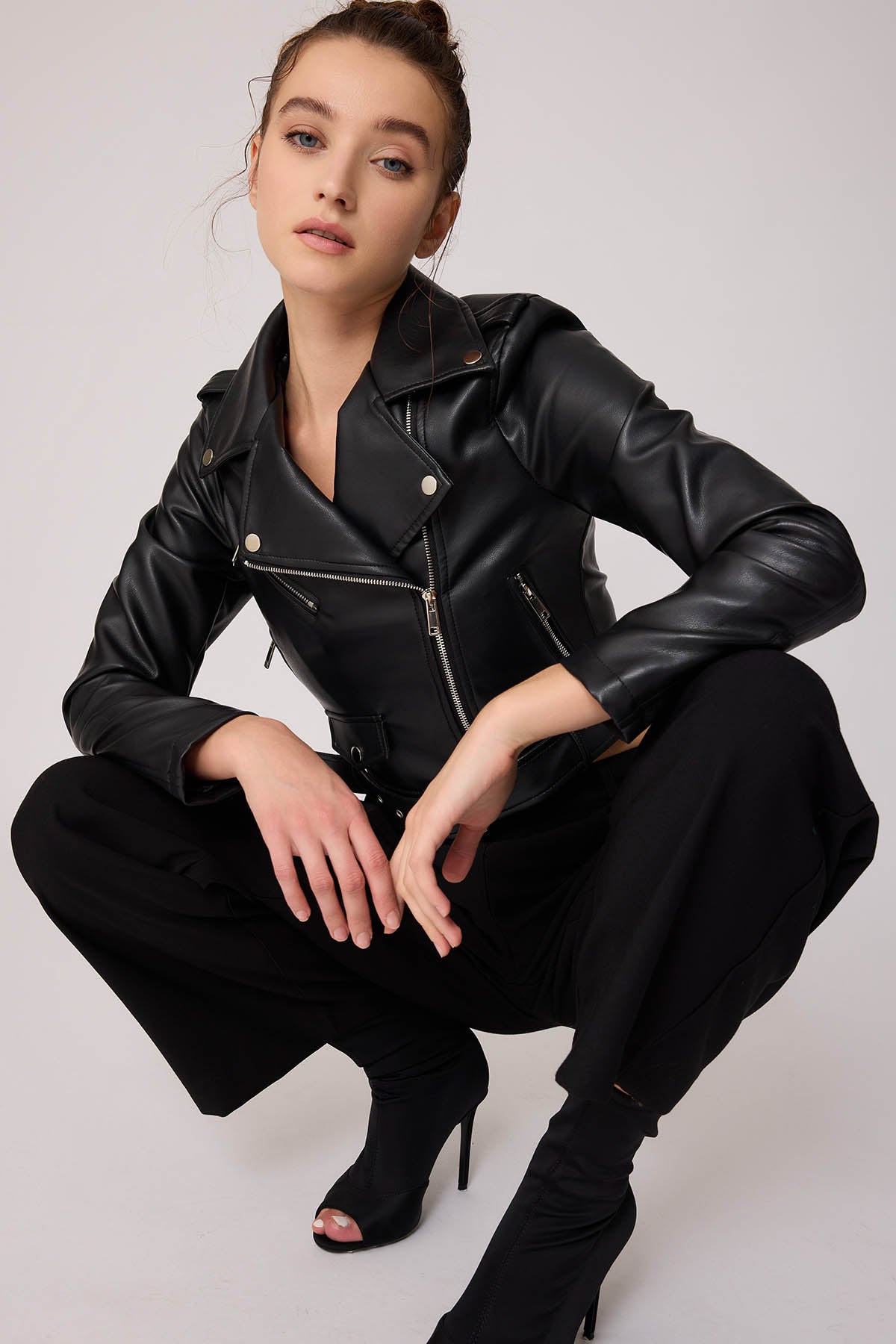FAUX LEATHER BIKER JACKET WITH BELT