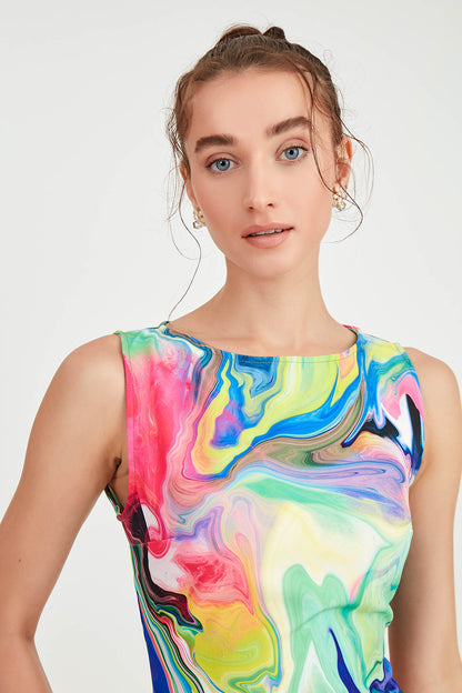 MULTICOLOR PATTERNED SLEEVELESS DRESS