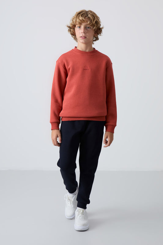Blue Cotton Thick Fleece-Lined Soft Textured Standard Fit Embroidered Boys' Tracksuit Set - 11249