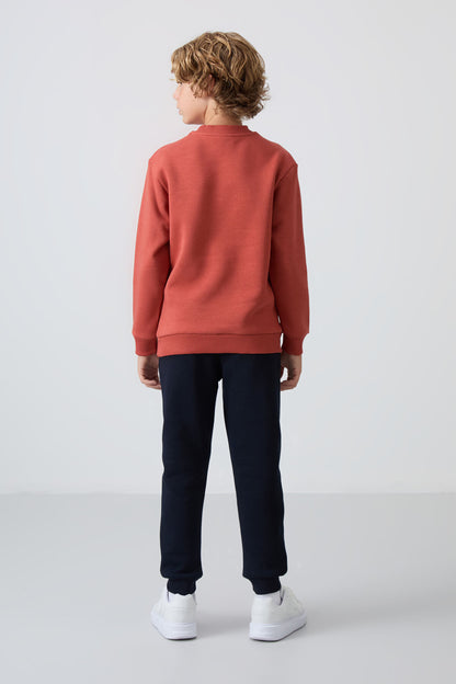 Navy Blue Cotton Thick Fleece-Lined Soft Textured Standard Fit Printed Boys' Tracksuit Set - 11253
